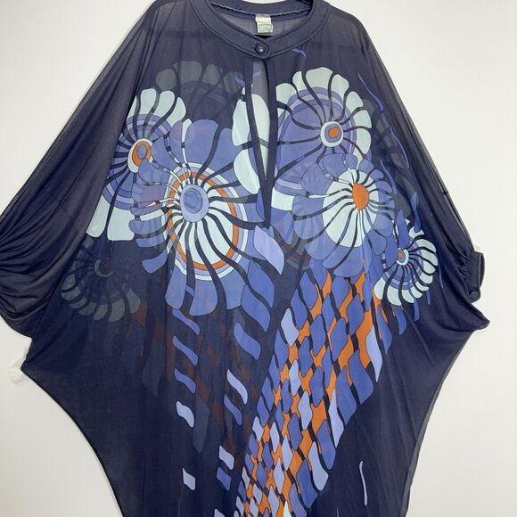 Vintage 1970s Gottex Maxi Dress Swim Cover Caftan Flowey Boho Blue Floral Medium - Picture 16 of 16